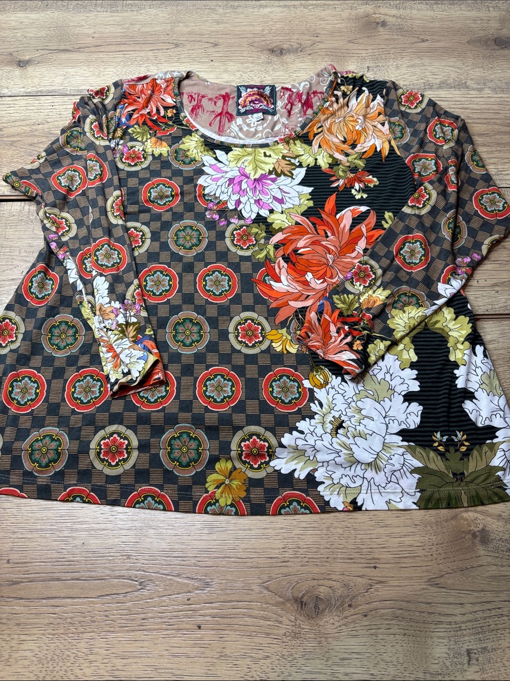 Women’s Johnny Was Multicolor Floral&Geometric Patchwork Long-Sleeve Top Size L